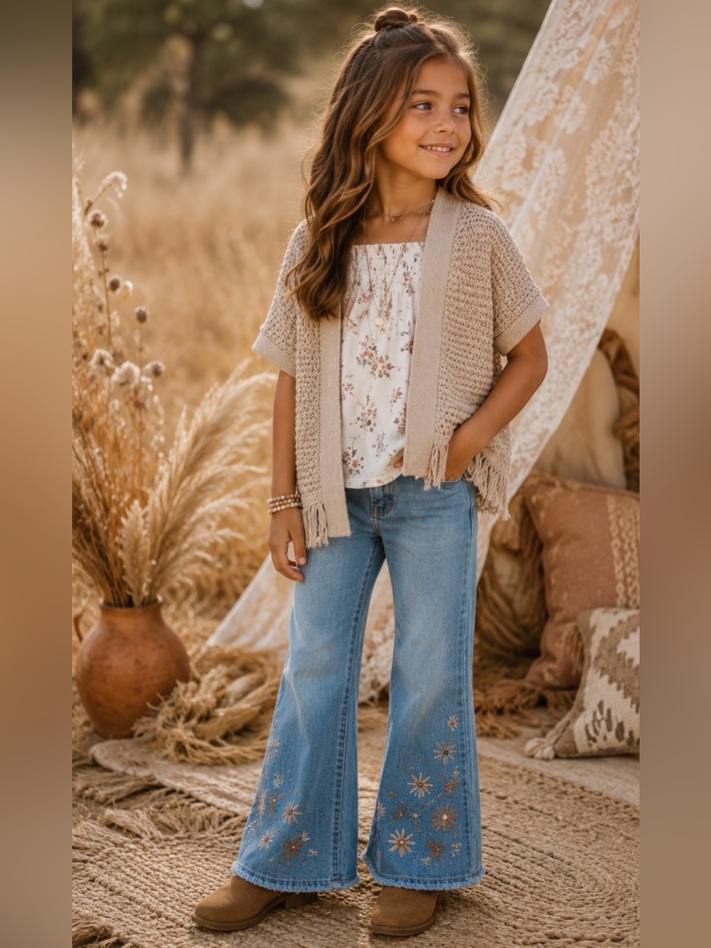 GAP Kids Tan Short-Sleeve Cardigan with‎ Fringe Girls L